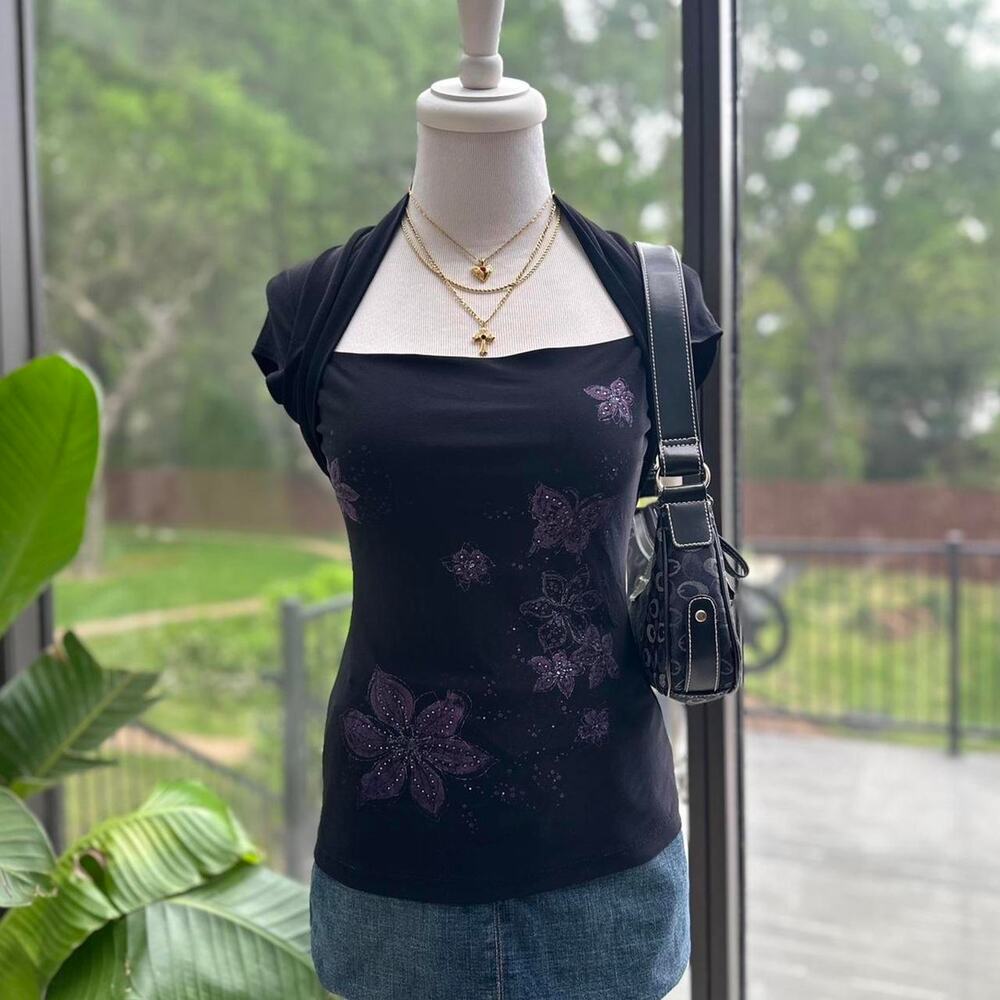 Y2K Body Central Black Butterfly Rhinestone Shrug Top